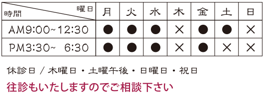 診療時間 往診もいたしますのでご相談下さい